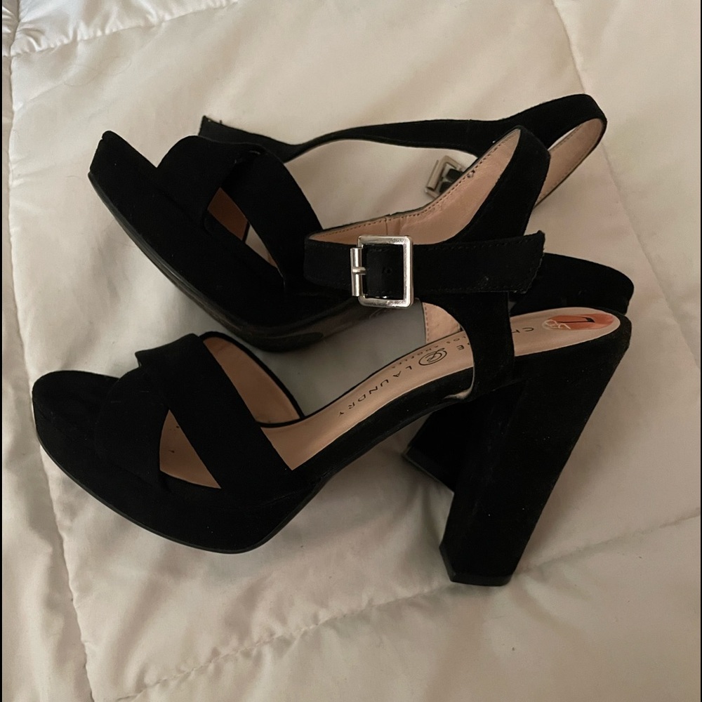 Black suede block heels size 7